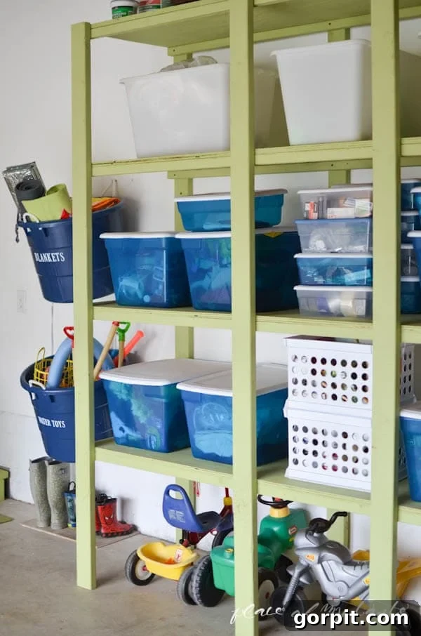 painted DIY garage shelving