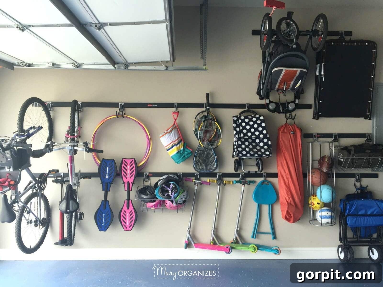 garage rail storage system for hanging sooters, bikes and more
