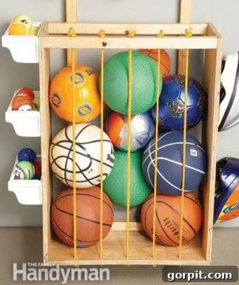 DIY ball storage bin with bungee cords