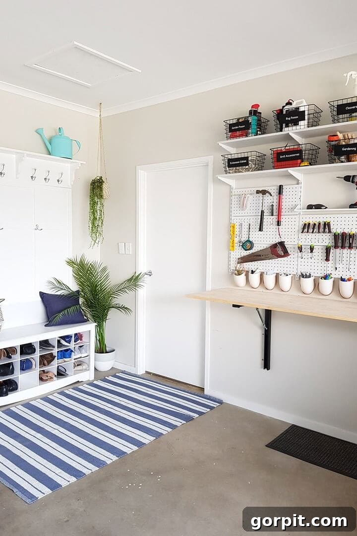 beautiful mudroom and pegboard storage in garage by entry to house