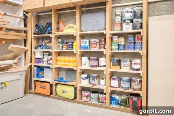 DIY garage storage shelves between studs