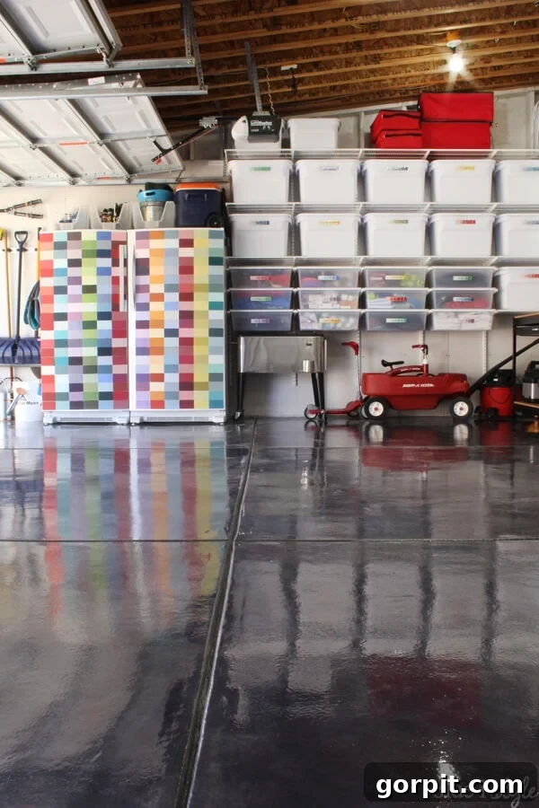 organized garage with paint chip decor