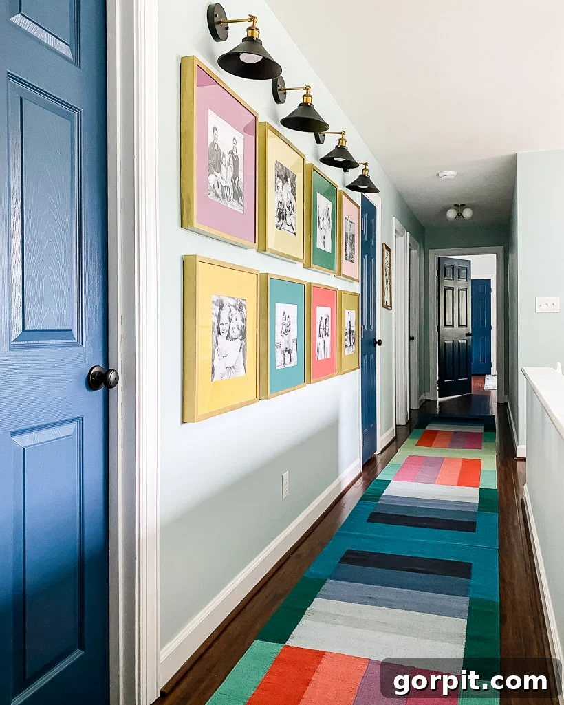 Colorful gallery wall displaying family photos with personalized mats