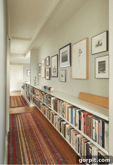 hallway with bookshelves and gallery wall