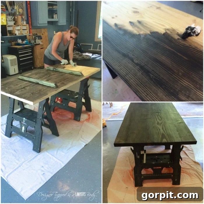 Industrial Pipe Table Build 7 Applying black stain and poly finish to the DIY Pipe Tabletop