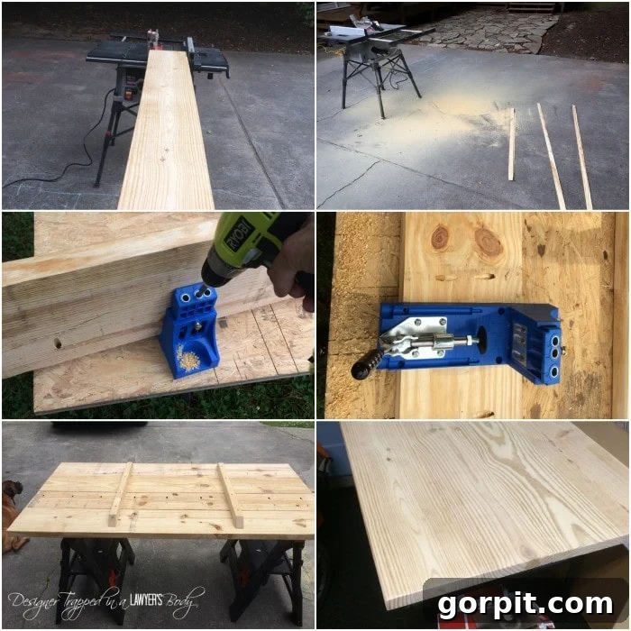 Industrial Pipe Table Build 6 Construction process showing Kreg Jig pocket holes and wooden braces on the DIY Pipe Tabletop