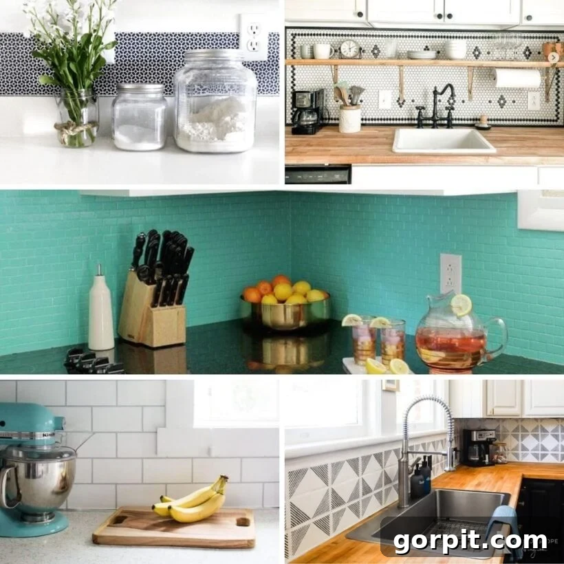 A collage shows five different DIY backsplash ideas that are simple to do.