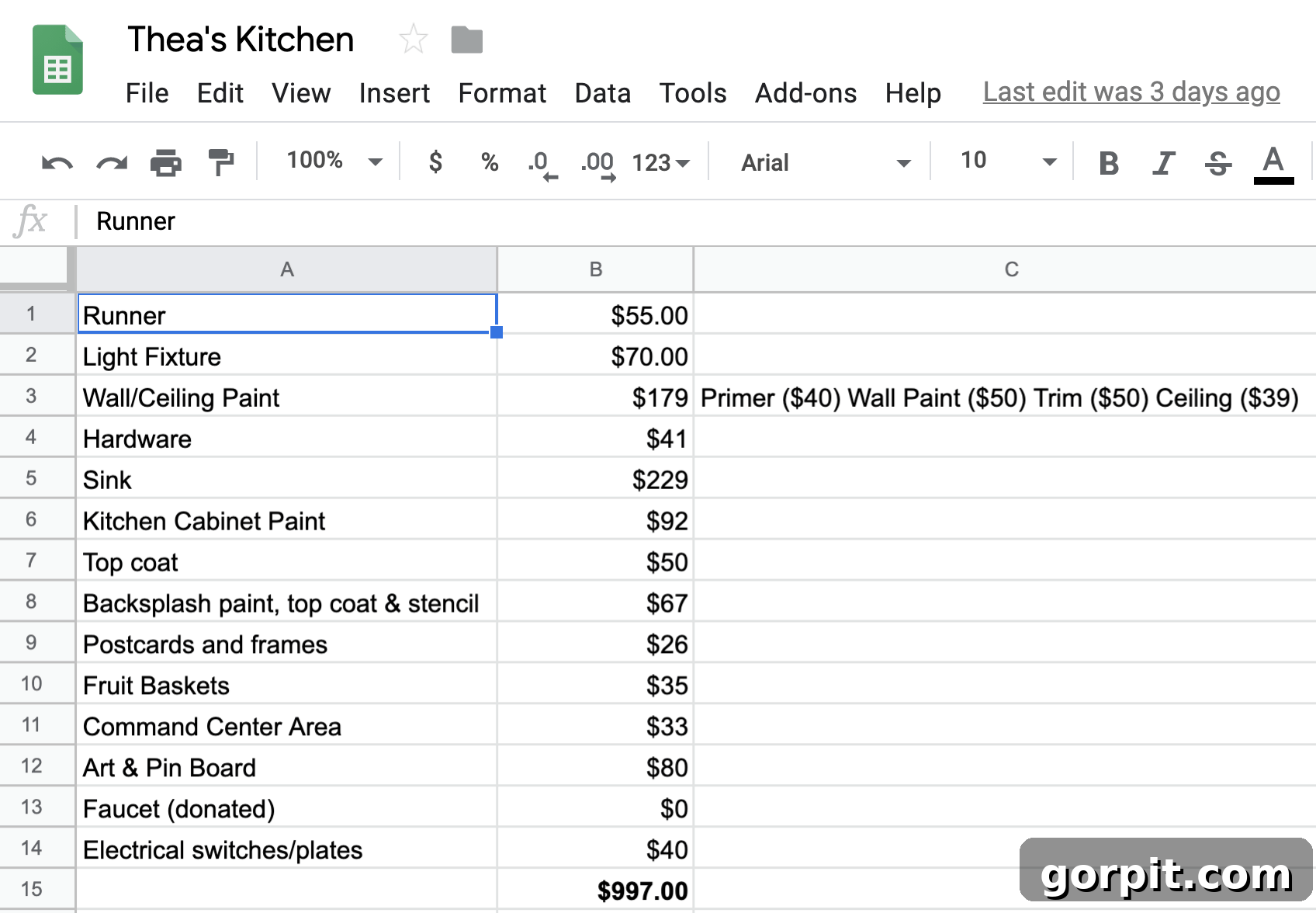 Small Budget Big Impact DIY Kitchen Transformation 11 An Excel spreadsheet screenshot of a breakdown for a budget-friendly kitchen makeover. The title of the spreadsheet is