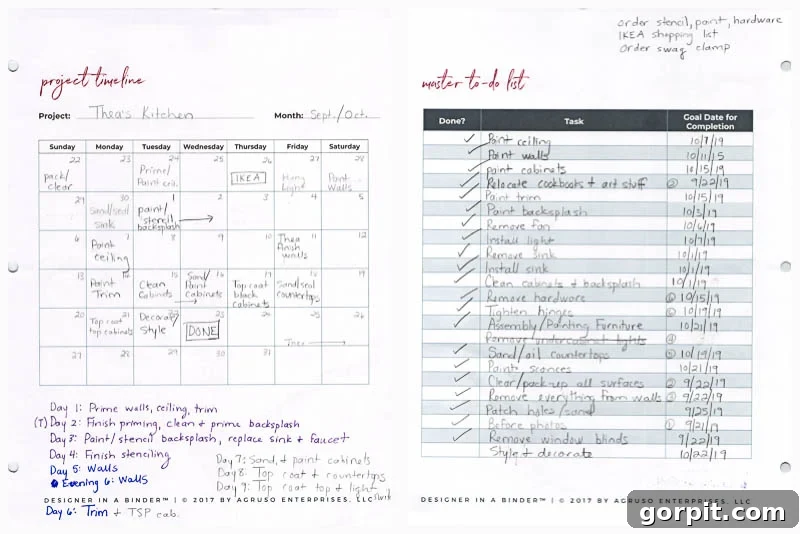 Small Budget Big Impact DIY Kitchen Transformation 12 Two sheets from "Designer in a Binder" used to plan a budget-friendly kitchen makeover. The first sheet is a calendar labeled "Project Timeline" and is filled out with handwritten notes and dates. The second sheet is labeled "Master To Do List" and contains hand-written notes on lined paper.