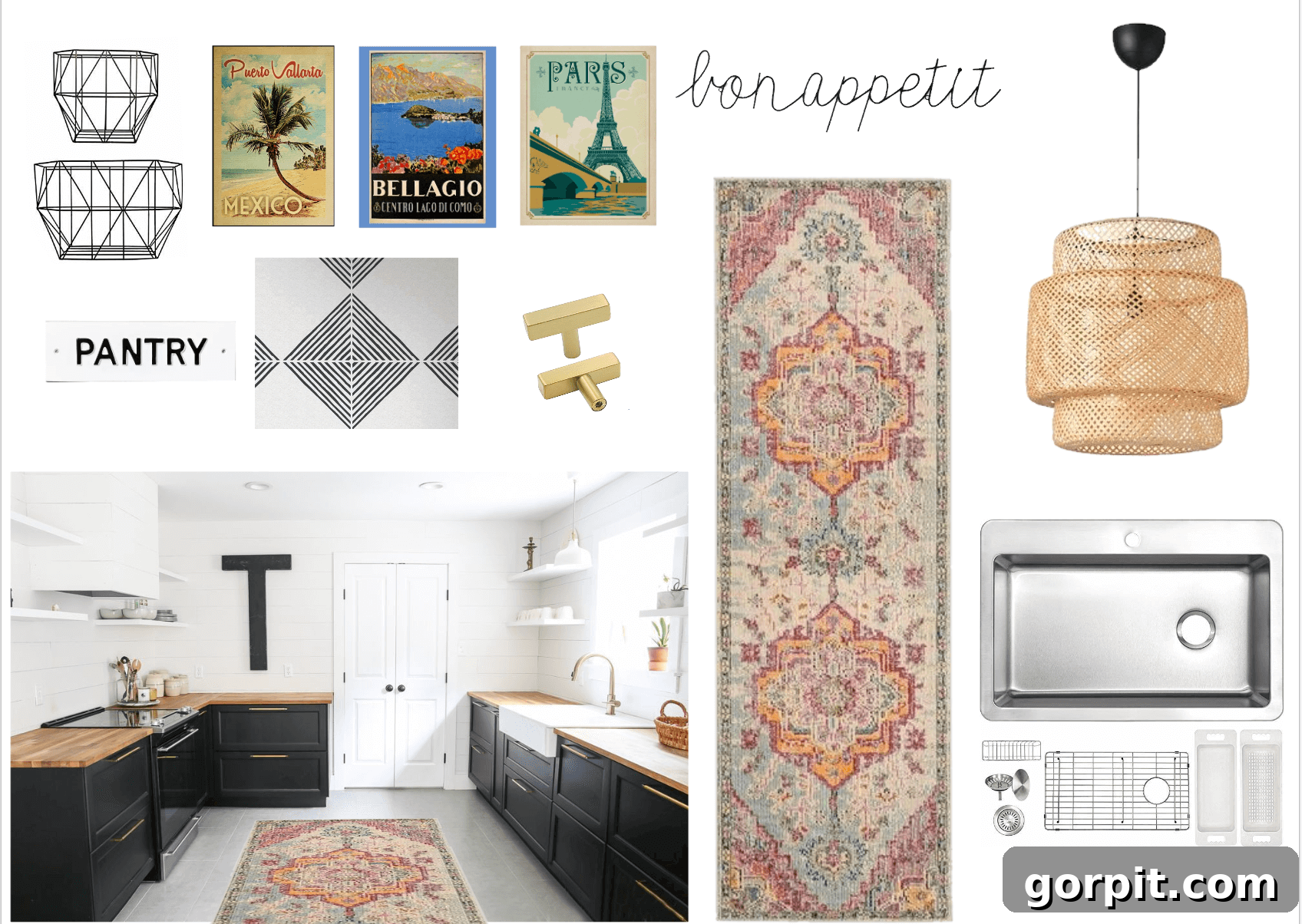 Small Budget Big Impact DIY Kitchen Transformation 9 A mood board for a budget-friendly kitchen makeover mood board includes a muted rug runner, a beige chandelier, stainless steel sink, and a hardware along with a finished kitchen featuring black lower cabinets and white upper cabinets.