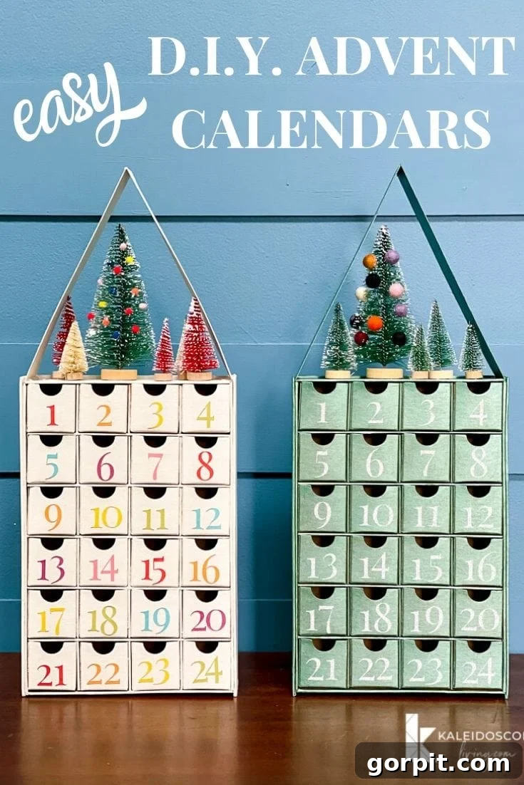 Two beautifully customized DIY Advent calendars, one colorful and one metallic, ready for the Christmas countdown, perfect for personalized kids' decor.