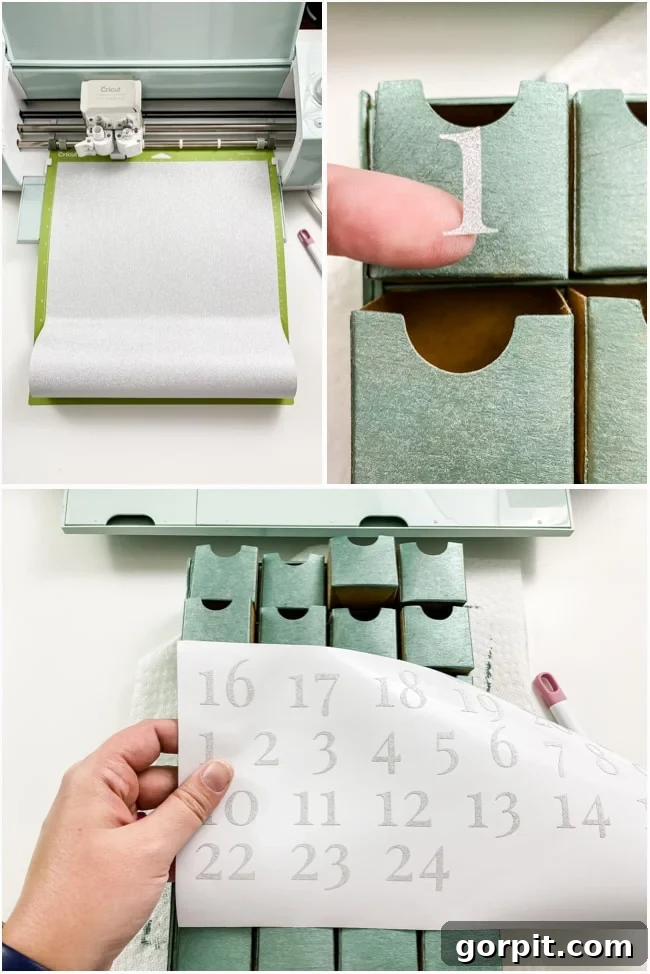 A Cricut cutting machine precisely cutting out numbers from silver glitter vinyl for Advent calendar drawers, demonstrating personalization capabilities.
