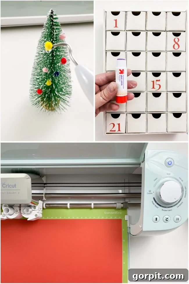 Hands carefully applying custom-cut numbers to Advent calendar drawers, showcasing both adhesive vinyl and cardstock application methods.