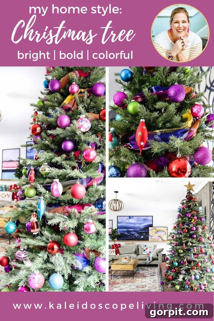 Vivacious Holiday Tree 2 Vibrant and colorful Christmas tree sparkling with unique decorations, including a festive scarf garland and an array of diverse ornaments, set in a cozy home environment