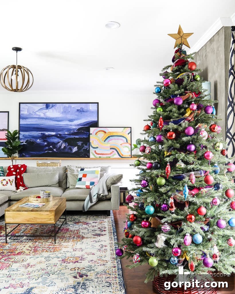 Vivacious Holiday Tree 8 A beautifully decorated colorful Christmas tree standing prominently in a modern, inviting family room, showcasing its vibrant ornaments and festive glow
