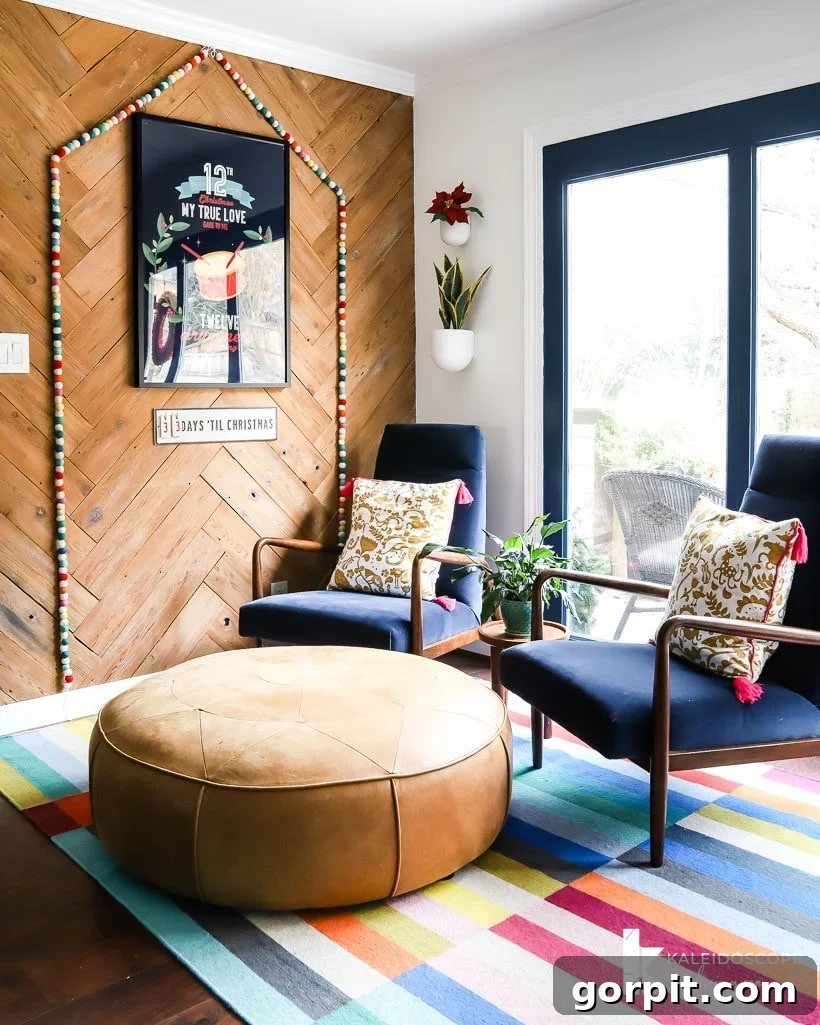 A Christmas Kaleidoscope Home Tour 13 colorful seating area decorated for christmas