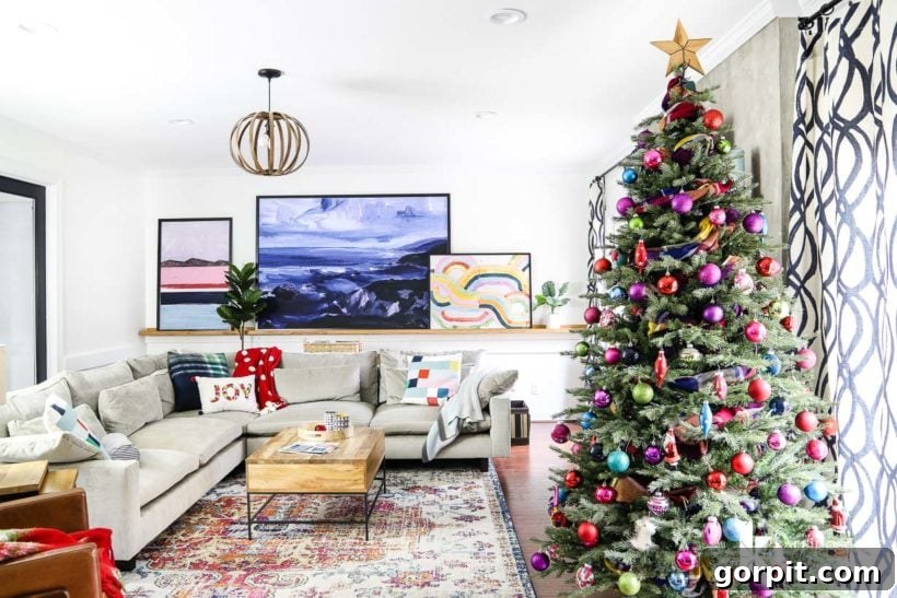 A Christmas Kaleidoscope Home Tour 15 eclectic and modern family room with colorful christmas decorations