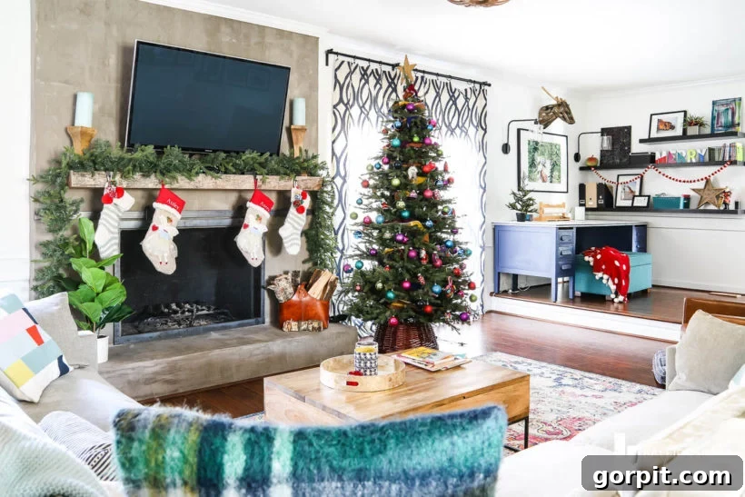 A Christmas Kaleidoscope Home Tour 17 family room full of colorful christmas decorations