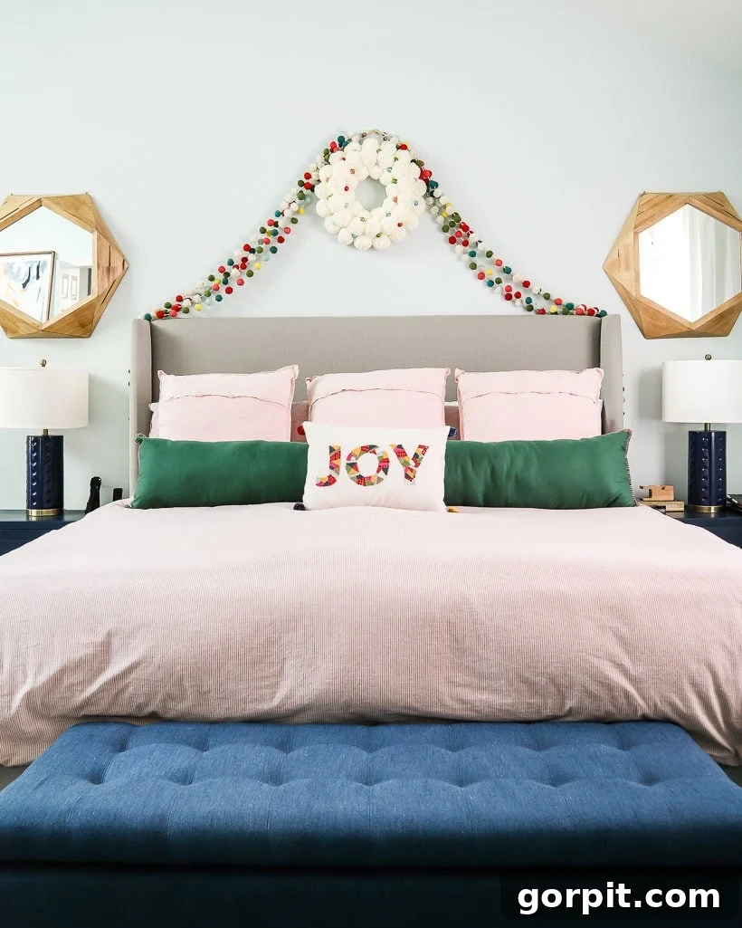 A Christmas Kaleidoscope Home Tour 21 master bedroom with colorful christmas decorations
