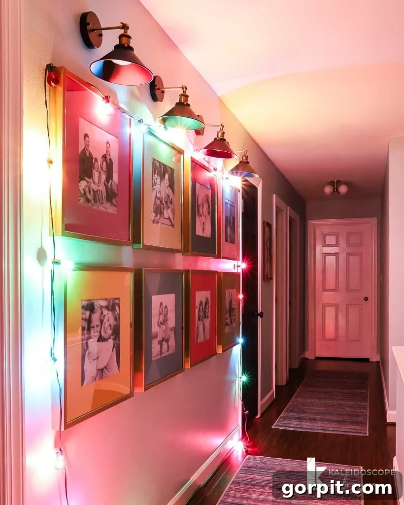 A Christmas Kaleidoscope Home Tour 23 hallway with colorful christmas lights
