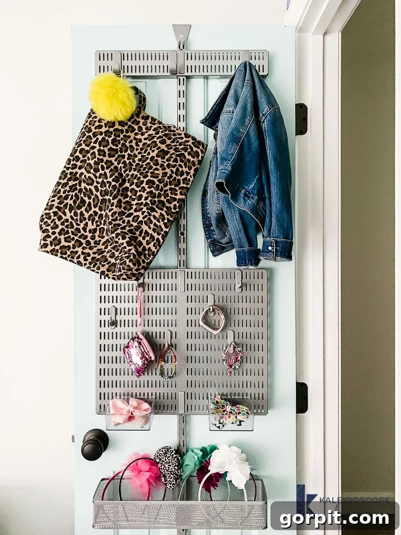 closet door organization detail shot with various accessories