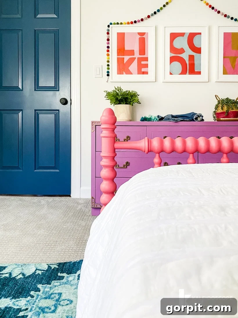 Expansive view of the cheerful and colorful girl's bedroom, showcasing the overall design and decor.