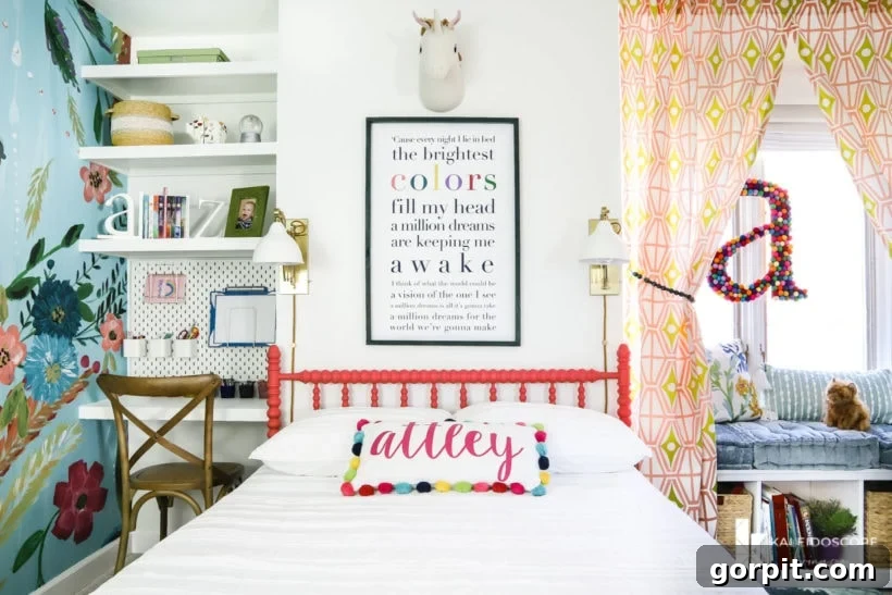 Attley's vibrant and whimsical girls bedroom makeover reveal, featuring a colorful palette and cozy elements.
