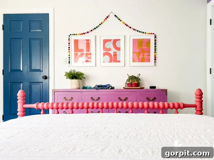 Overview of Attley's cheerful and colorful girl's bedroom, showcasing the complete design.