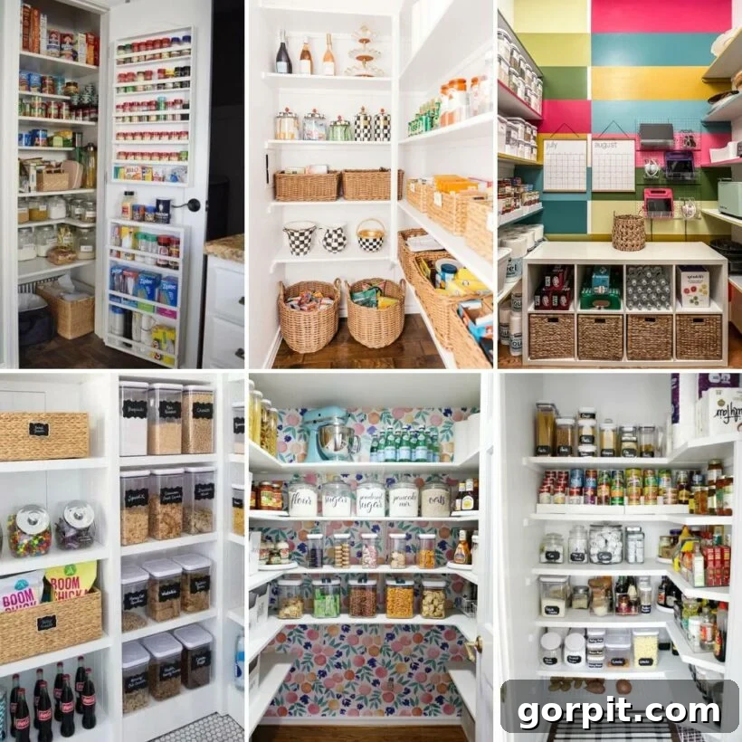 collage image of multiple pantries showcasing pantry organizing ideas
