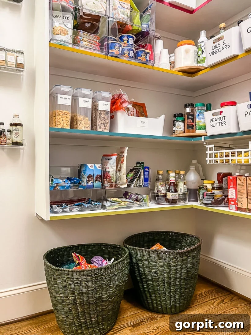 floor baskets to hold extra dry goods in walk-in pantry