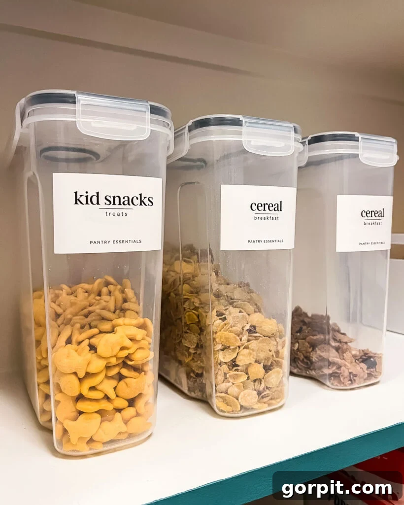 pantry labels on clear bins for cereal and snacks