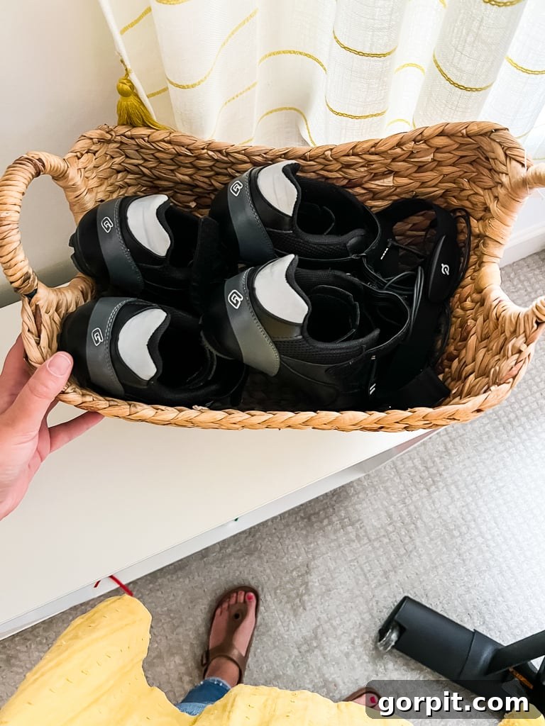 Taming Playroom Chaos: Smart Storage Solutions 14 Storage basket holding cycling shoes in a bonus room