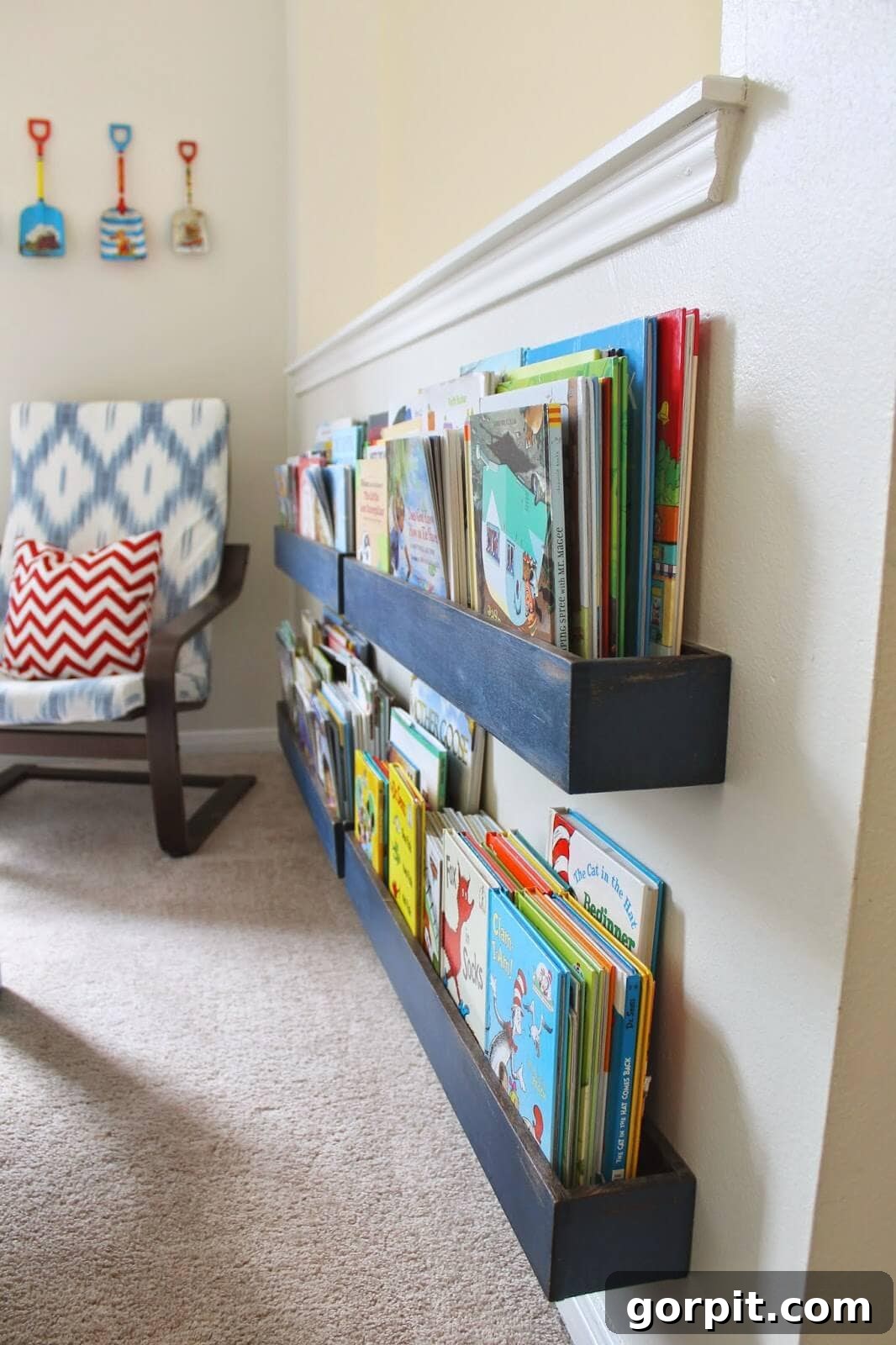Taming Playroom Chaos: Smart Storage Solutions 16 Wall-mounted bookshelf displaying book covers