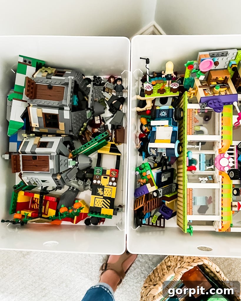Taming Playroom Chaos: Smart Storage Solutions 9 Inside a Kuggis bin revealing a collection of Lego bricks