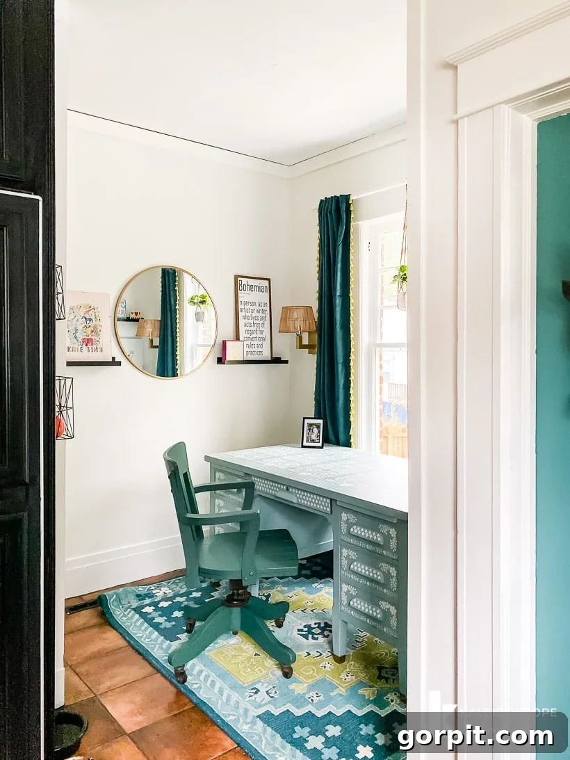 Colorful home office reveal from kitchen perspective