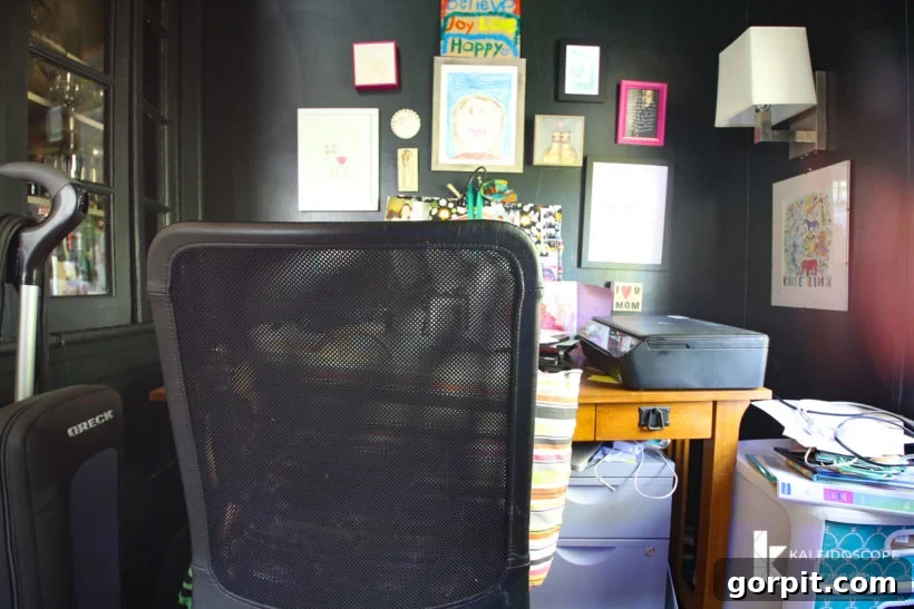 Cluttered and dark home office space