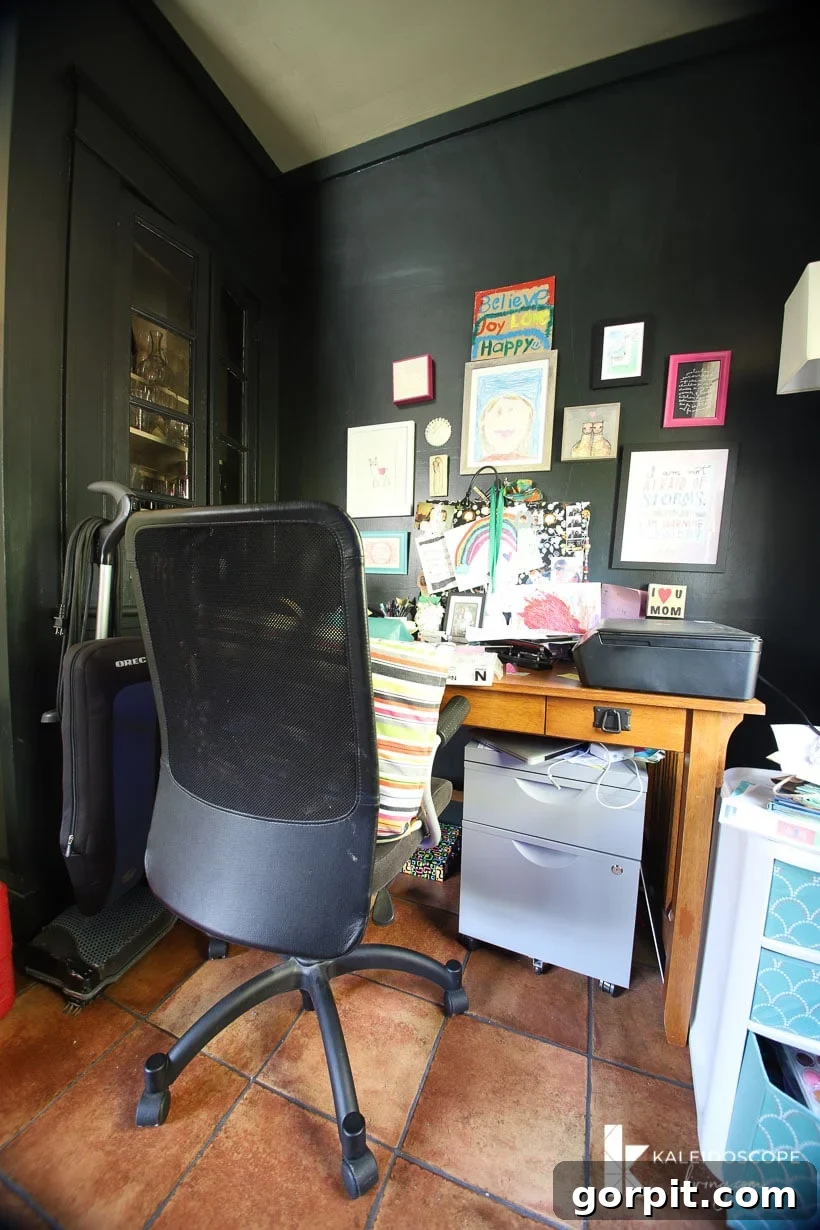Dark, uninviting home office space needing a makeover