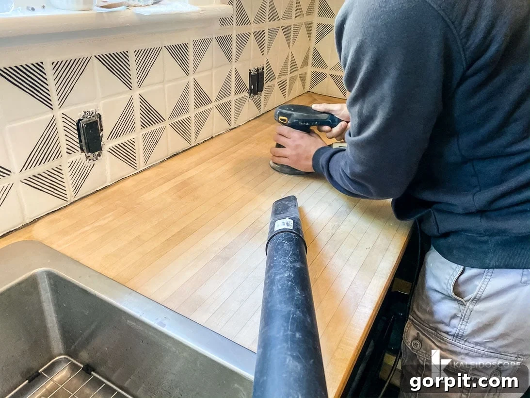 A man is sanding and refinishing butcher block countertops in a kitchen with a shop-vac hose nearby.