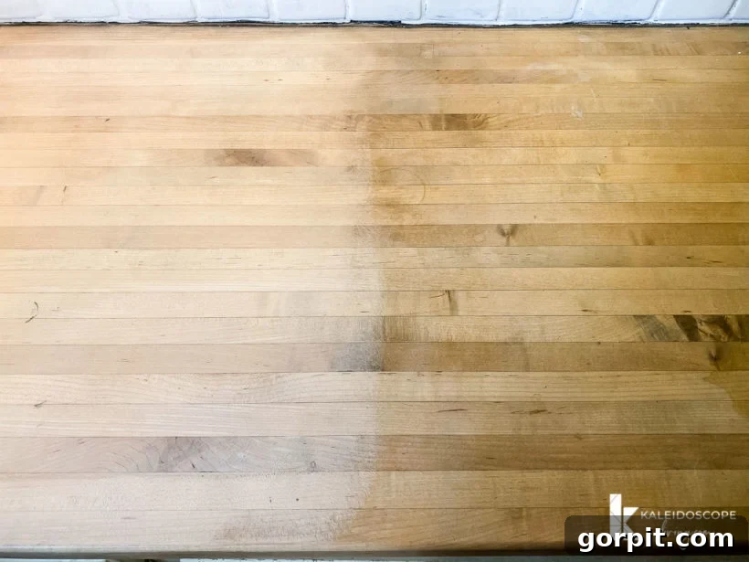 butcher block countertop showing sanded vs unsanded section