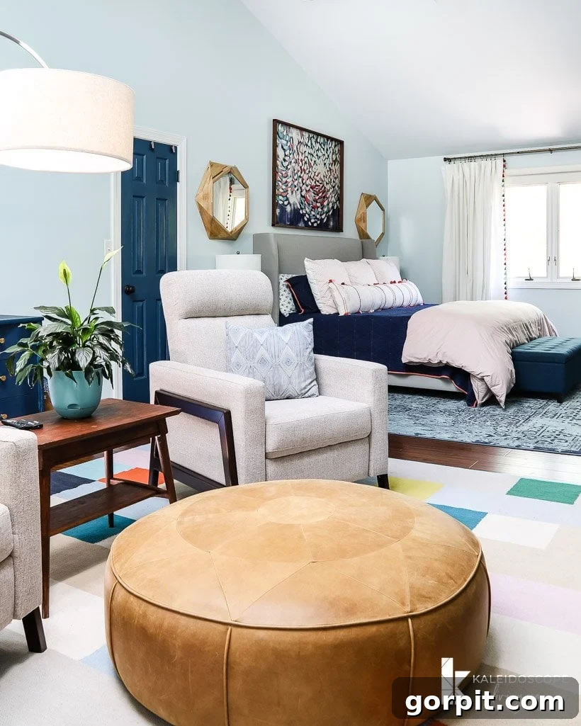 Another perspective of the colorful bedroom with its inviting sitting area