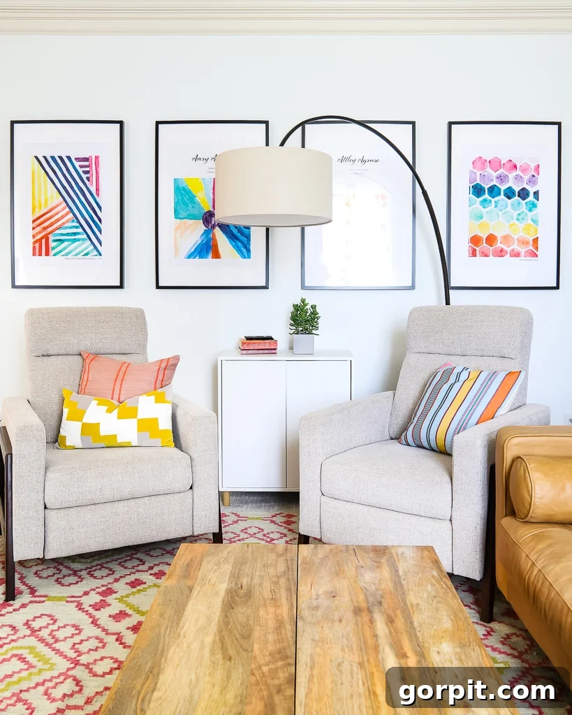 stylish modern fabric recliners in colorful family room