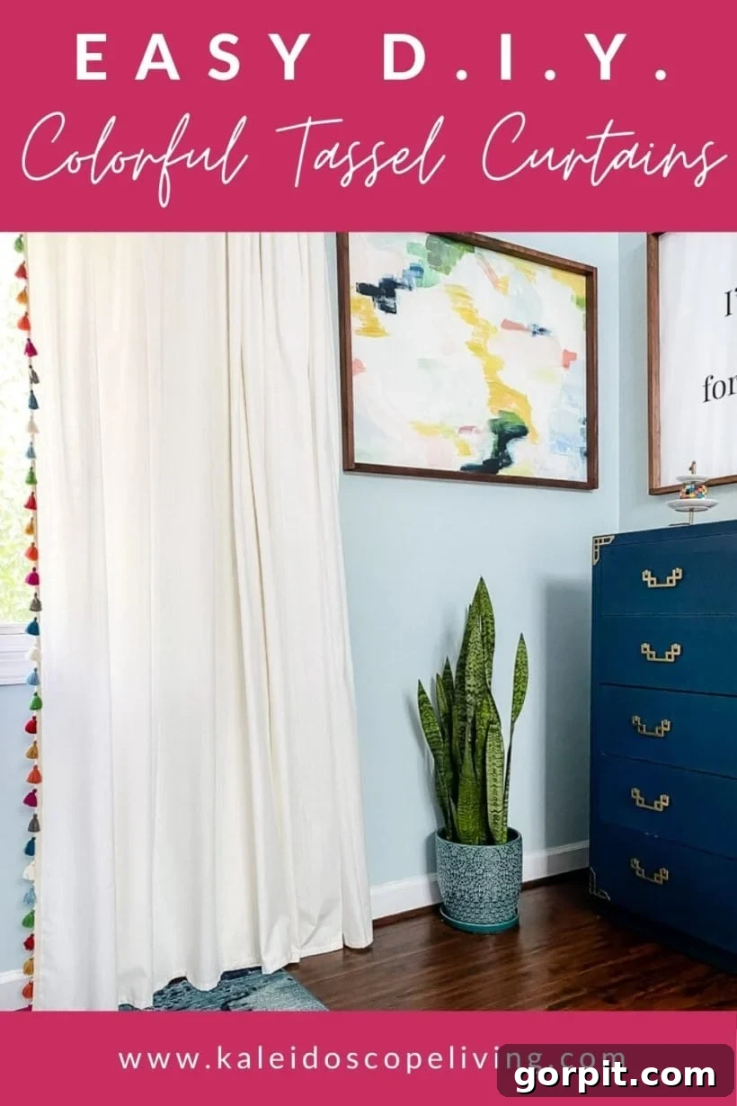 White curtain panels transformed with vibrant, colorful tassel trim, creating a custom and playful look.