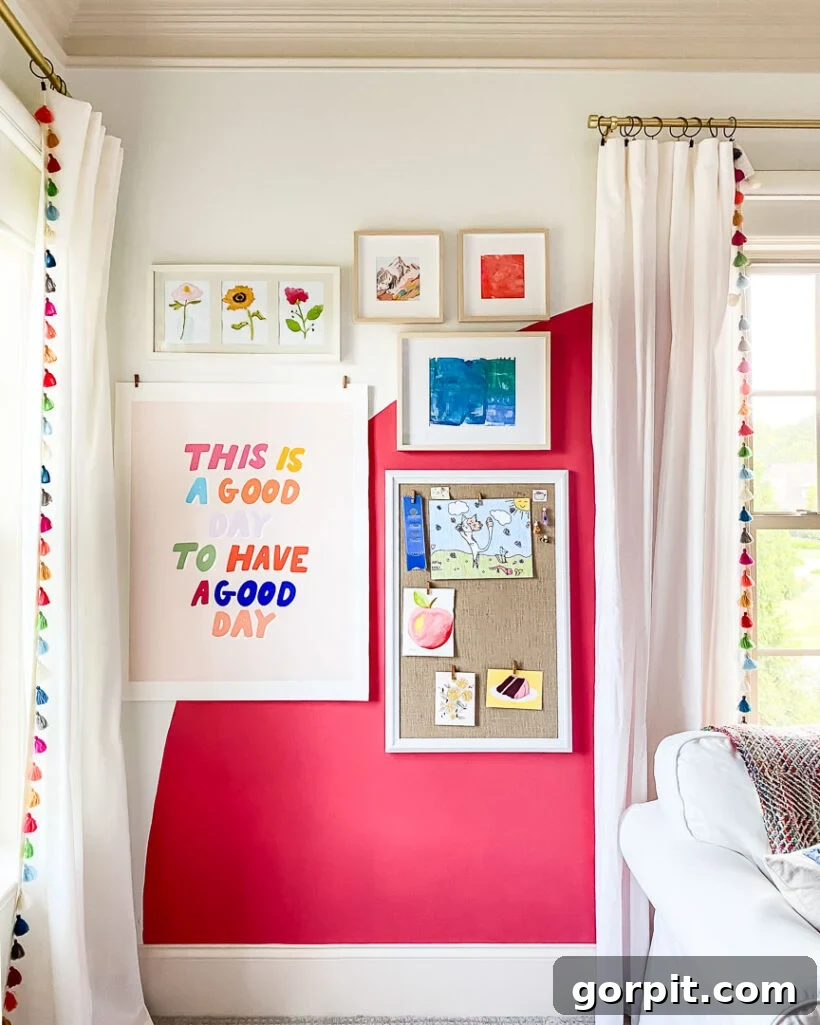 Whimsical girl's bedroom featuring white curtains with playful, colorful tassels, perfectly complementing the vibrant decor.