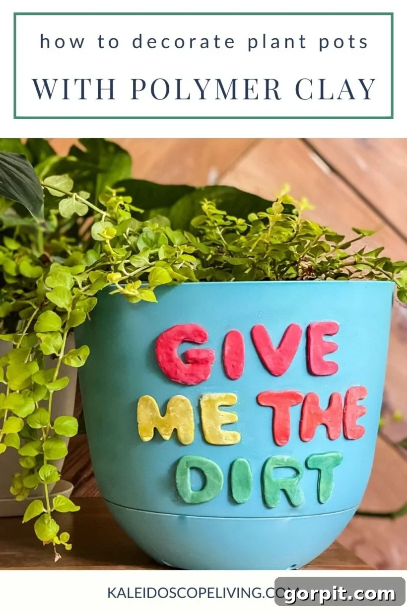 Decorated plastic plant pot with vibrant polymer clay shapes, showcasing a unique DIY plant pot craft