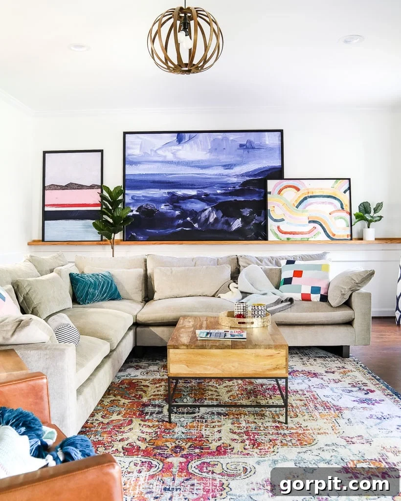 Colorful Rugs See How They Connect Our Home 4 Spacious family room featuring a large, colorful area rug as a central design element