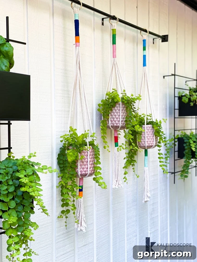 finished colorful macrame plant hangers on a deck