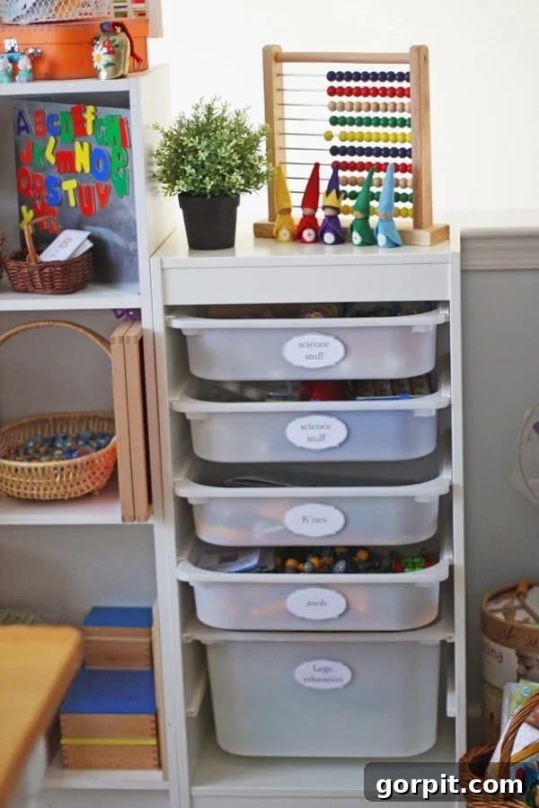 Streamline Your Homeschool: Genius Organization Strategies 6 Trofast bins for homeschooling storage are neatly labelled and sit by a bookcase, showcasing an efficient modular organization system.