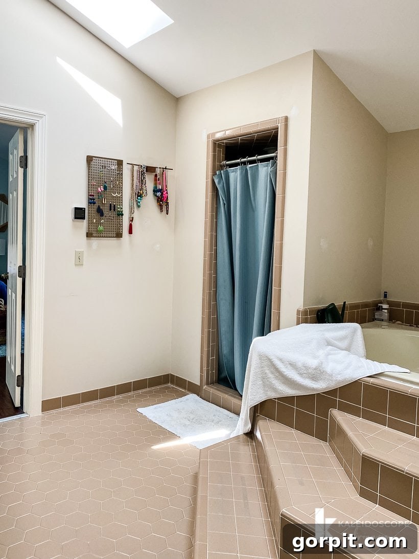 Dream Master Bath on a Budget Revealed 6 outdated bathroom with brown tile and dark ambiance
