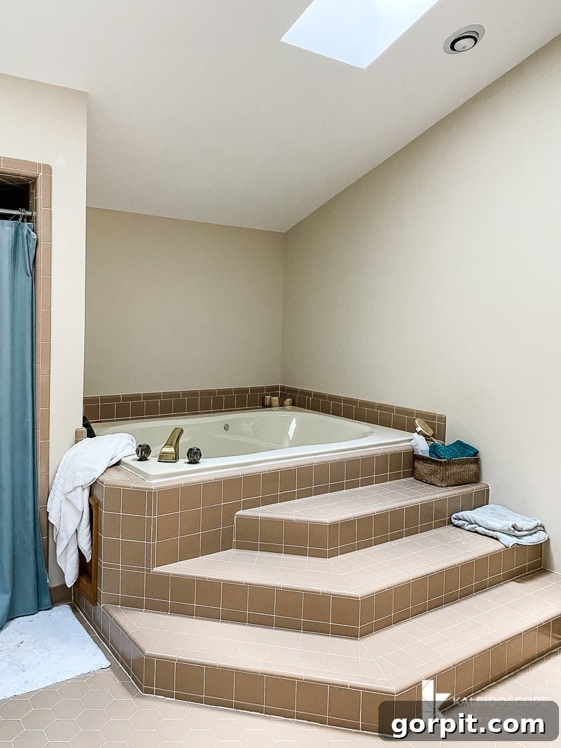 Dream Master Bath on a Budget Revealed 7 brown tile bathtub with steps before remodel