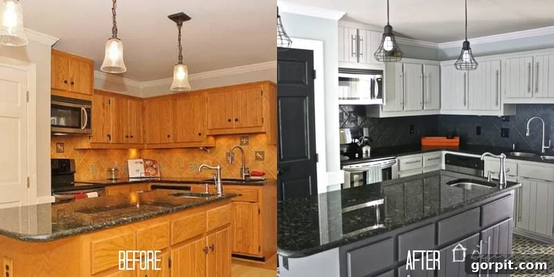 before and after of painted cabinets